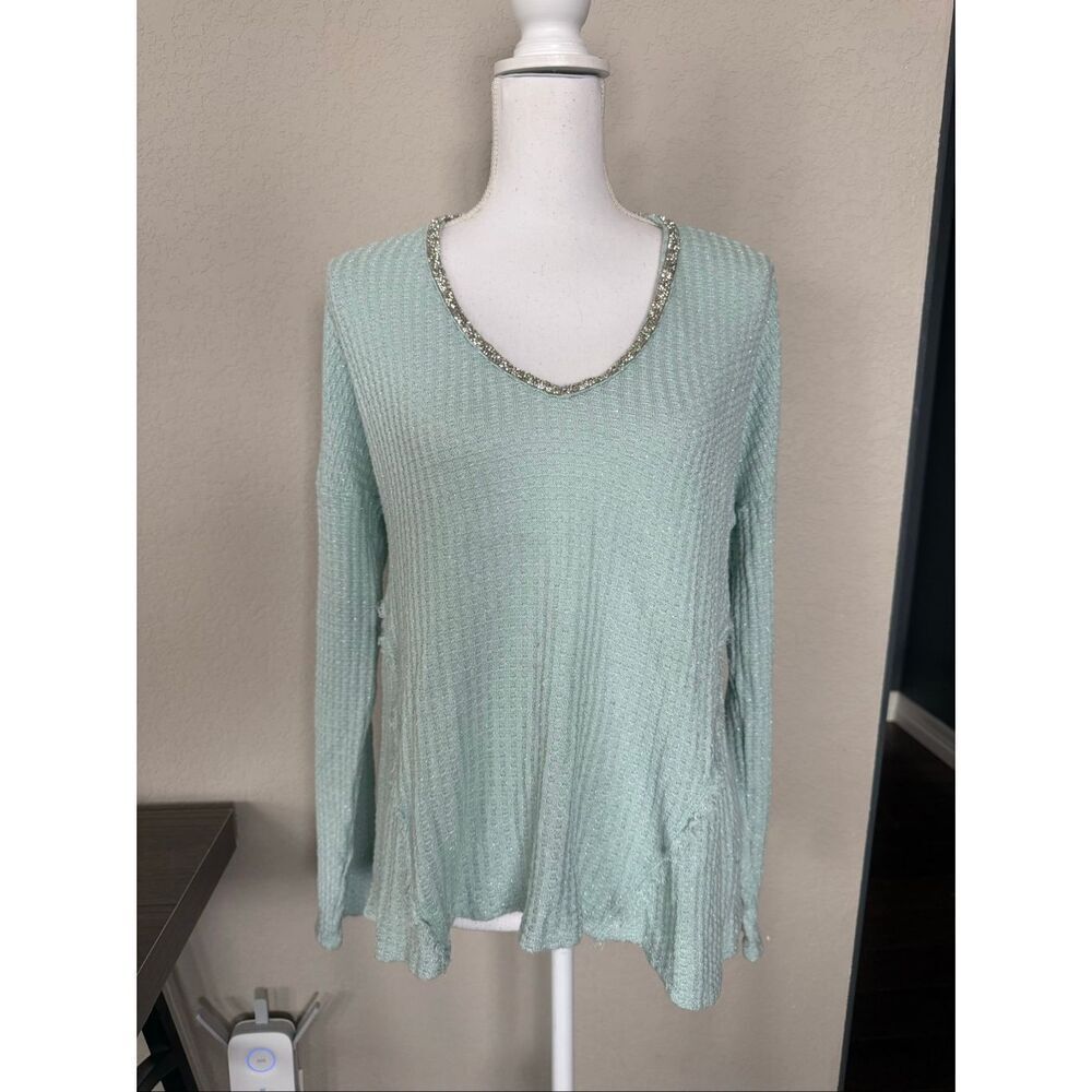 Juicy Couture Light Blue Waffle Knit Long Sleeve Sparkle Collar Large